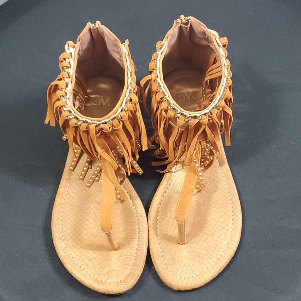 Brown  And Gold Fringe Flat Sandal Size 8M